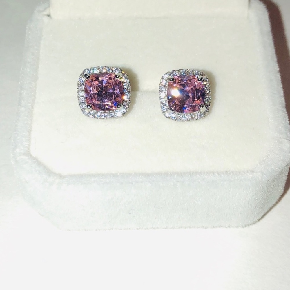 18k Pink Halo Princess 1-1/4 ct Earrings NEW - Picture 3 of 6